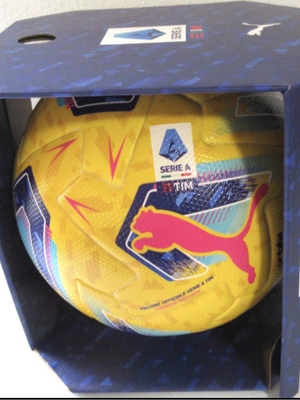 Puma Yellow Soccer Ball with Pink Logo and Blue Accents